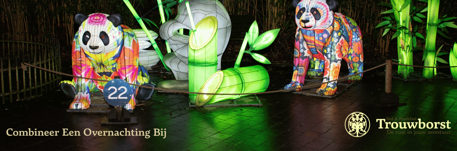 Verlichte panda’s en bamboe-installaties tijdens Light Nights in Ouwehands Dierenpark, met tekst “Combineer een overnachting bij Bed & Breakfast Trouwborst – De rust in jouw avontuur”.