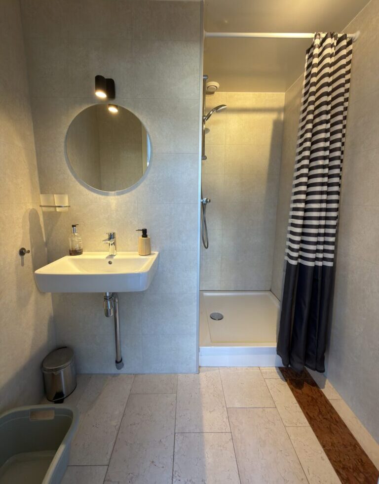 Badkamer met douche en wastafel voor de Budget Kamer van B&B Trouwborst in Rhenen